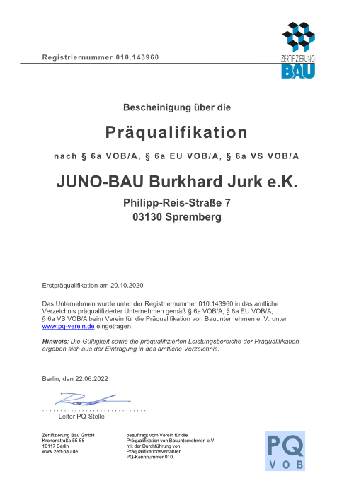 Juno Bau - Zertifikat - Präqualifikation von Bauunternehmen