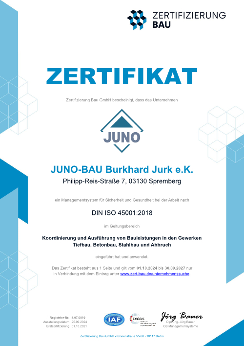 Juno Bau - Zertifikat - Managementsystem nach DIN EN ISO 45001:2018