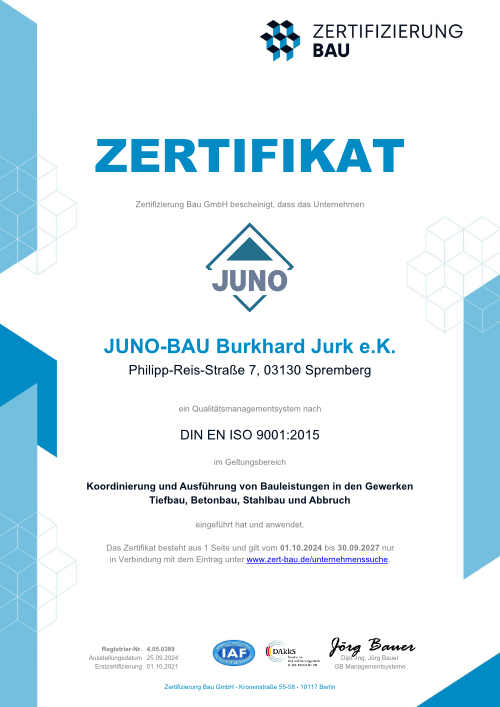 Juno Bau - Zertifikat - Qualitätsmanagementsystem nach DIN EN ISO 9001:2015